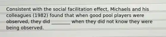 Consistent with the social facilitation effect, Michaels and his colleagues (1982) found that when good pool players were observed, they did ________ when they did not know they were being observed.