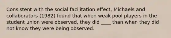 Consistent with the social facilitation effect, Michaels and collaborators (1982) found that when weak pool players in the student union were observed, they did ____ than when they did not know they were being observed.