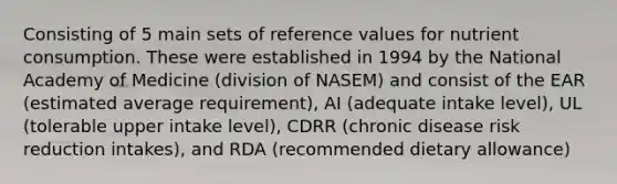 Consisting of 5 main sets of reference values for nutrient consumption. These were established in 1994 by the National Academy of Medicine (division of NASEM) and consist of the EAR (estimated average requirement), AI (adequate intake level), UL (tolerable upper intake level), CDRR (chronic disease risk reduction intakes), and RDA (recommended dietary allowance)