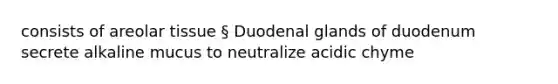 consists of areolar tissue § Duodenal glands of duodenum secrete alkaline mucus to neutralize acidic chyme