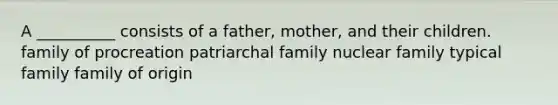 A __________ consists of a father, mother, and their children. family of procreation patriarchal family nuclear family typical family family of origin