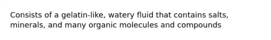 Consists of a gelatin-like, watery fluid that contains salts, minerals, and many organic molecules and compounds