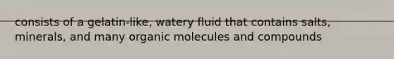 consists of a gelatin-like, watery fluid that contains salts, minerals, and many <a href='https://www.questionai.com/knowledge/kjUwUacPFG-organic-molecules' class='anchor-knowledge'>organic molecules</a> and compounds