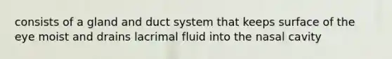 consists of a gland and duct system that keeps surface of the eye moist and drains lacrimal fluid into the nasal cavity