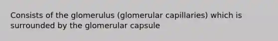 Consists of the glomerulus (glomerular capillaries) which is surrounded by the glomerular capsule