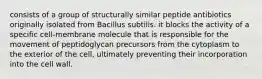 consists of a group of structurally similar peptide antibiotics originally isolated from Bacillus subtilis. it blocks the activity of a specific cell-membrane molecule that is responsible for the movement of peptidoglycan precursors from the cytoplasm to the exterior of the cell, ultimately preventing their incorporation into the cell wall.