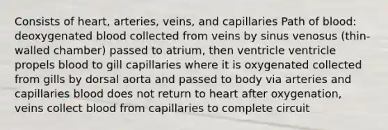 Consists of heart, arteries, veins, and capillaries Path of blood: deoxygenated blood collected from veins by sinus venosus (thin-walled chamber) passed to atrium, then ventricle ventricle propels blood to gill capillaries where it is oxygenated collected from gills by dorsal aorta and passed to body via arteries and capillaries blood does not return to heart after oxygenation, veins collect blood from capillaries to complete circuit