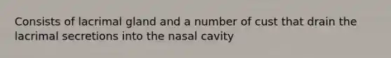 Consists of lacrimal gland and a number of cust that drain the lacrimal secretions into the nasal cavity