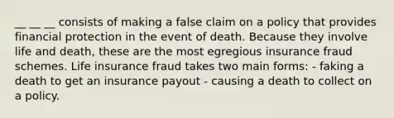 __ __ __ consists of making a false claim on a policy that provides financial protection in the event of death. Because they involve life and death, these are the most egregious insurance fraud schemes. Life insurance fraud takes two main forms: - faking a death to get an insurance payout - causing a death to collect on a policy.