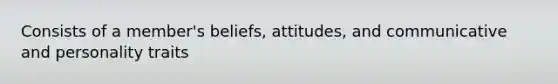 Consists of a member's beliefs, attitudes, and communicative and personality traits