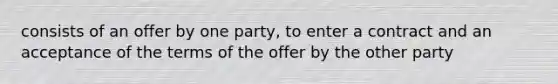 consists of an offer by one party, to enter a contract and an acceptance of the terms of the offer by the other party