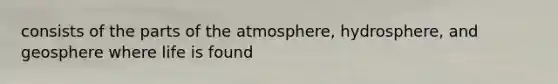 consists of the parts of the atmosphere, hydrosphere, and geosphere where life is found