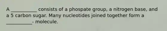 A ___________ consists of a phospate group, a nitrogen base, and a 5 carbon sugar. Many nucleotides joined together form a ___________- molecule.