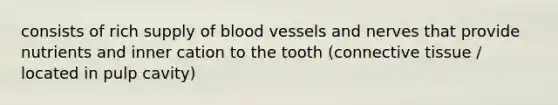 consists of rich supply of blood vessels and nerves that provide nutrients and inner cation to the tooth (connective tissue / located in pulp cavity)