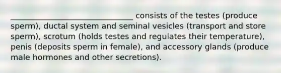 _______________________________ consists of the testes (produce sperm), ductal system and seminal vesicles (transport and store sperm), scrotum (holds testes and regulates their temperature), penis (deposits sperm in female), and accessory glands (produce male hormones and other secretions).