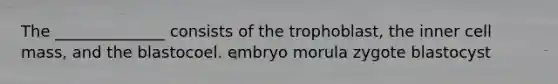 The ______________ consists of the trophoblast, the inner cell mass, and the blastocoel. embryo morula zygote blastocyst