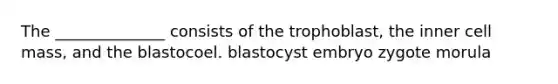 The ______________ consists of the trophoblast, the inner cell mass, and the blastocoel. blastocyst embryo zygote morula