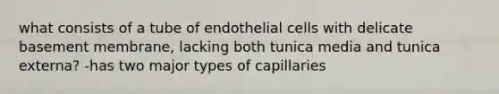 what consists of a tube of endothelial cells with delicate basement membrane, lacking both tunica media and tunica externa? -has two major types of capillaries