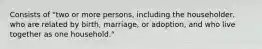 Consists of "two or more persons, including the householder, who are related by birth, marriage, or adoption, and who live together as one household."