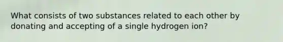 What consists of two substances related to each other by donating and accepting of a single hydrogen ion?