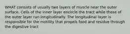 WHAT consists of usually two layers of muscle near the outer surface. Cells of the inner layer encircle the tract while those of the outer layer run longitudinally. The longitudinal layer is responsible for the motility that propels food and residue through the digestive tract