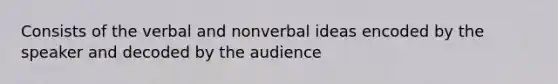 Consists of the verbal and nonverbal ideas encoded by the speaker and decoded by the audience