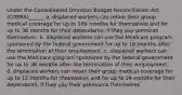 Under the Consolidated Omnibus Budget Reconciliation Act (COBRA)______ a. displaced workers can retain their group medical coverage for up to 18b months for themselves and for up to 36 months for their dependents, if they pay premium themselves. b. displaced workers can use the Medicare program sponsored by the federal government for up to 18 months after the termination of their employment. c. displaced workers can use the Medicare program sponsored by the federal government for up to 36 months after the termination of their employment. d. displaced workers can retain their group medical coverage for up to 12 months for themselves and for up to 24 months for their dependents, if they pay their premiums themselves