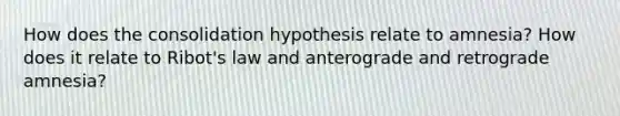 How does the consolidation hypothesis relate to amnesia? How does it relate to Ribot's law and anterograde and retrograde amnesia?