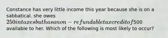 Constance has very little income this year because she is on a sabbatical. she owes 250 in taxes but has a non-refundable tax credit of500 available to her. Which of the following is most likely to occur?