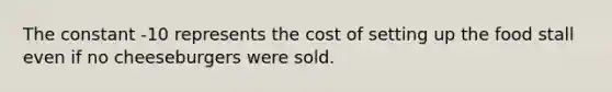 The constant -10 represents the cost of setting up the food stall even if no cheeseburgers were sold.