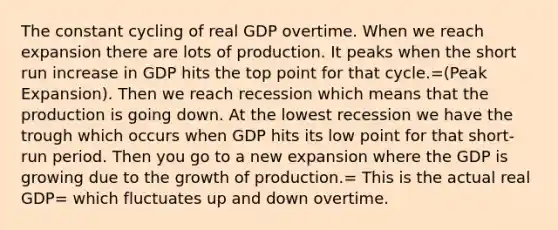 The constant cycling of real GDP overtime. When we reach expansion there are lots of production. It peaks when the short run increase in GDP hits the top point for that cycle.=(Peak Expansion). Then we reach recession which means that the production is going down. At the lowest recession we have the trough which occurs when GDP hits its low point for that short-run period. Then you go to a new expansion where the GDP is growing due to the growth of production.= This is the actual real GDP= which fluctuates up and down overtime.