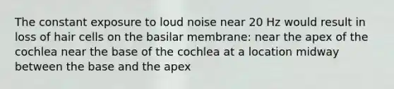 The constant exposure to loud noise near 20 Hz would result in loss of hair cells on the basilar membrane: near the apex of the cochlea near the base of the cochlea at a location midway between the base and the apex