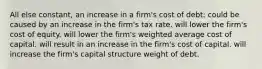 All else constant, an increase in a firm's cost of debt: could be caused by an increase in the firm's tax rate. will lower the firm's cost of equity. will lower the firm's weighted average cost of capital. will result in an increase in the firm's cost of capital. will increase the firm's capital structure weight of debt.