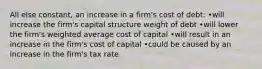 All else constant, an increase in a firm's cost of debt: •will increase the firm's capital structure weight of debt •will lower the firm's weighted average cost of capital •will result in an increase in the firm's cost of capital •could be caused by an increase in the firm's tax rate