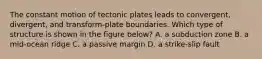 The constant motion of tectonic plates leads to convergent, divergent, and transform-plate boundaries. Which type of structure is shown in the figure below? A. a subduction zone B. a mid-ocean ridge C. a passive margin D. a strike-slip fault