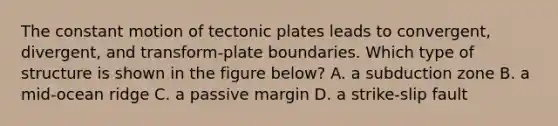 The constant motion of tectonic plates leads to convergent, divergent, and transform-plate boundaries. Which type of structure is shown in the figure below? A. a subduction zone B. a mid-ocean ridge C. a passive margin D. a strike-slip fault