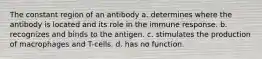 The constant region of an antibody a. determines where the antibody is located and its role in the immune response. b. recognizes and binds to the antigen. c. stimulates the production of macrophages and T-cells. d. has no function.