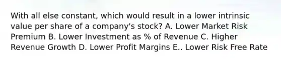 With all else constant, which would result in a lower intrinsic value per share of a company's stock? A. Lower Market Risk Premium B. Lower Investment as % of Revenue C. Higher Revenue Growth D. Lower Profit Margins E.. Lower Risk Free Rate