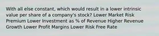 With all else constant, which would result in a lower intrinsic value per share of a company's stock? Lower Market Risk Premium Lower Investment as % of Revenue Higher Revenue Growth Lower Profit Margins Lower Risk Free Rate