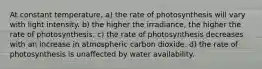 At constant temperature, a) the rate of photosynthesis will vary with light intensity. b) the higher the irradiance, the higher the rate of photosynthesis. c) the rate of photosynthesis decreases with an increase in atmospheric carbon dioxide. d) the rate of photosynthesis is unaffected by water availability.