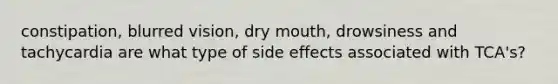 constipation, blurred vision, dry mouth, drowsiness and tachycardia are what type of side effects associated with TCA's?