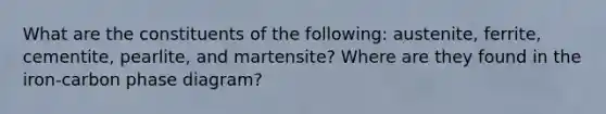 What are the constituents of the following: austenite, ferrite, cementite, pearlite, and martensite? Where are they found in the iron-carbon phase diagram?