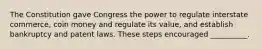 The Constitution gave Congress the power to regulate interstate commerce, coin money and regulate its value, and establish bankruptcy and patent laws. These steps encouraged __________.