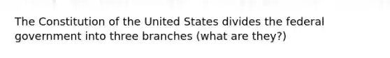 The Constitution of the United States divides the federal government into three branches (what are they?)