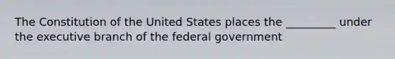 The Constitution of the United States places the _________ under <a href='https://www.questionai.com/knowledge/kBllUhZHhd-the-executive-branch' class='anchor-knowledge'>the executive branch</a> of the federal government