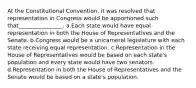 At the Constitutional Convention, it was resolved that representation in Congress would be apportioned such that________________. a.Each state would have equal representation in both the House of Representatives and the Senate. b.Congress would be a unicameral legislature with each state receiving equal representation. c.Representation in the House of Representatives would be based on each state's population and every state would have two senators. d.Representation in both the House of Representatives and the Senate would be based on a state's population.