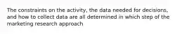 The constraints on the activity, the data needed for decisions, and how to collect data are all determined in which step of the marketing research approach