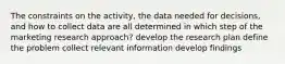 The constraints on the activity, the data needed for decisions, and how to collect data are all determined in which step of the marketing research approach? develop the research plan define the problem collect relevant information develop findings