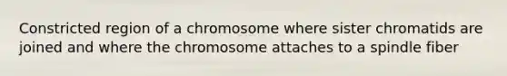 Constricted region of a chromosome where sister chromatids are joined and where the chromosome attaches to a spindle fiber