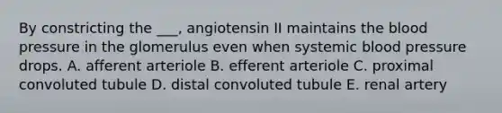 By constricting the ___, angiotensin II maintains the blood pressure in the glomerulus even when systemic blood pressure drops. A. afferent arteriole B. efferent arteriole C. proximal convoluted tubule D. distal convoluted tubule E. renal artery